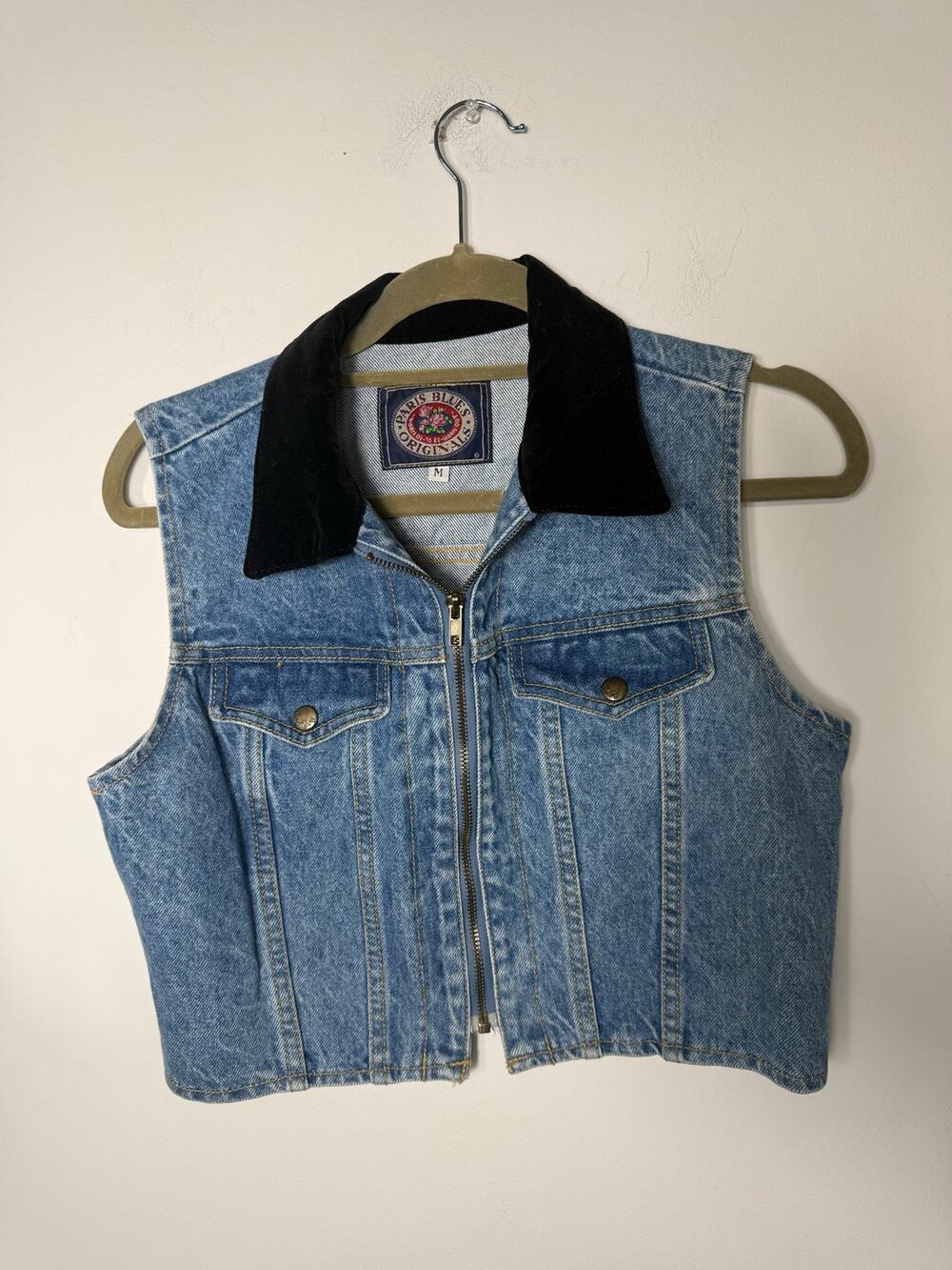 Vtg 90s Paris Blues M 100% Cotton Denim Jean Crop Zip Vest USA Made Indie Sleaze